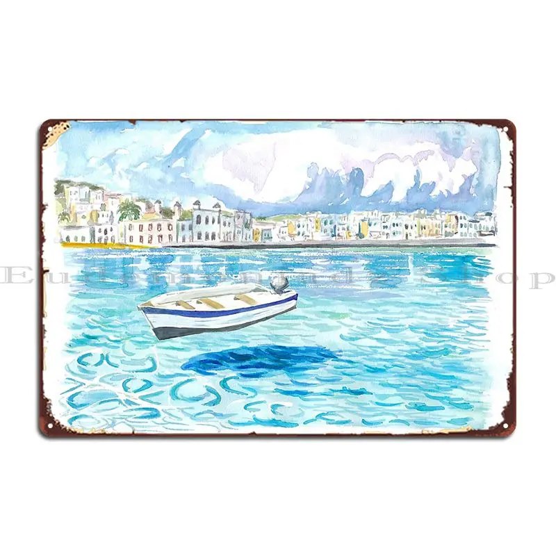 Mykonos With Floating Boat On Turqoise Aegean Waters Metal Plaque Poster Wall Cave Kitchen Funny Cave Designer Tin Sign Poster