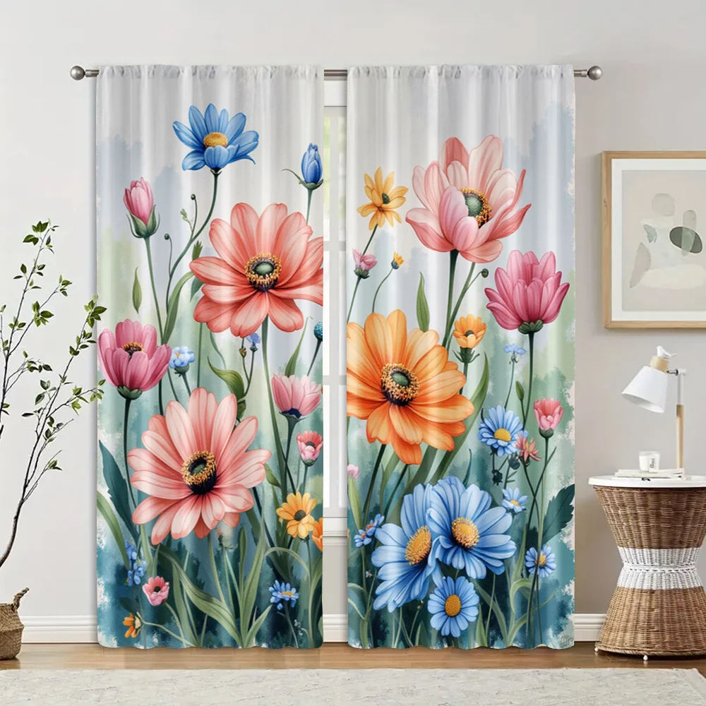 2pcs, Curtain Fabric Cartoon Color Flower Polyester Woven (without rod) Home Decor Ldeal for Living Room, Semi-Sheer Polyester