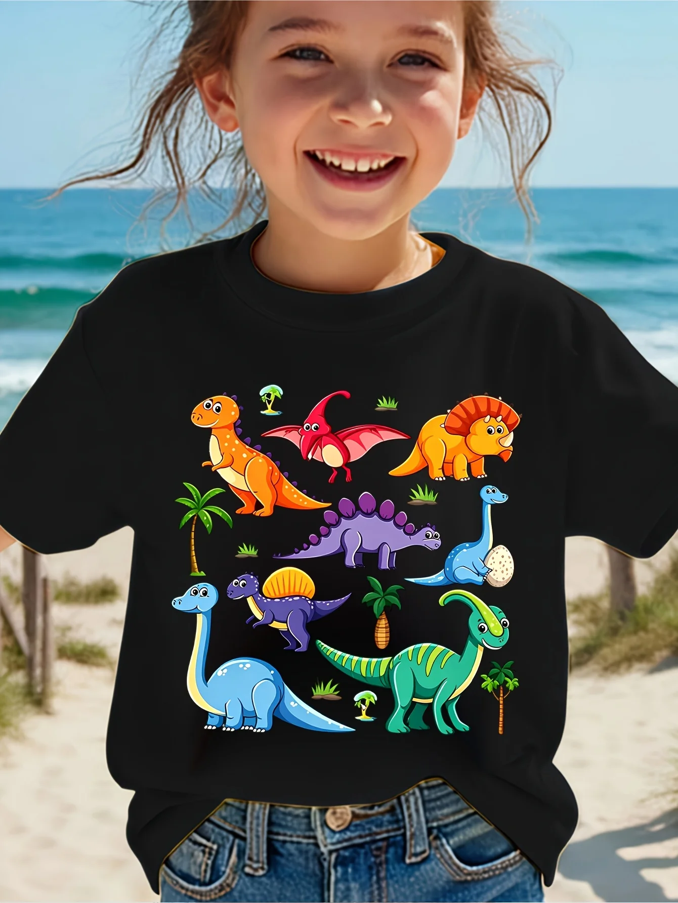 Kids Boys Girls T Shirt Colorful Dinosaur Cartoon Print Short Sleeve Tee Family Matching Summer Beach Parent Child Casual Tops