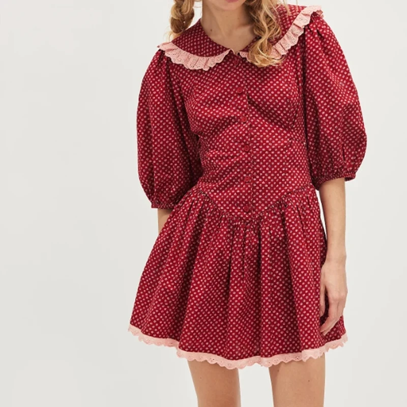 

Sweet Spring Polka Dot Lapel Collar Mini Dress Women All Match Half Sleeve Waisted Dresses Elegant Pleat Stitching Party Dress