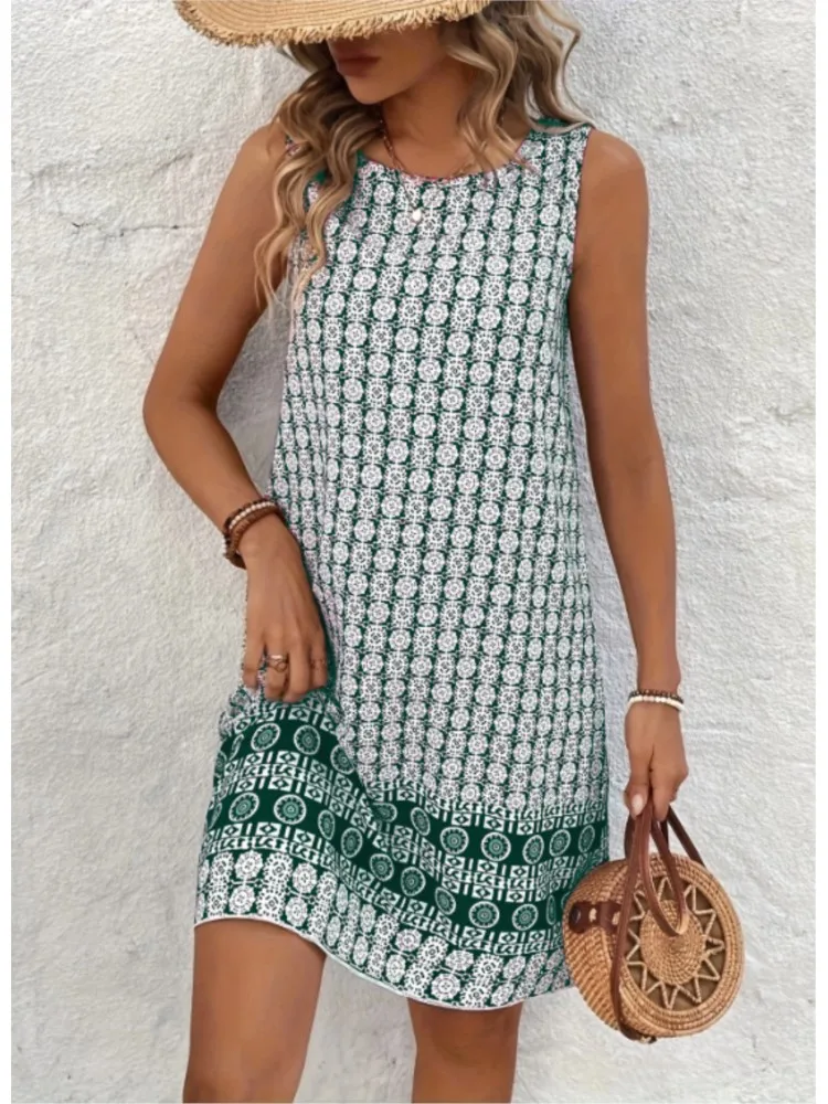 

Summer Fashion New Women's Mini Dress Bohemian Vintage Printed Round Neck Dress Casual Comfortable Beach Sleeveless Dresse