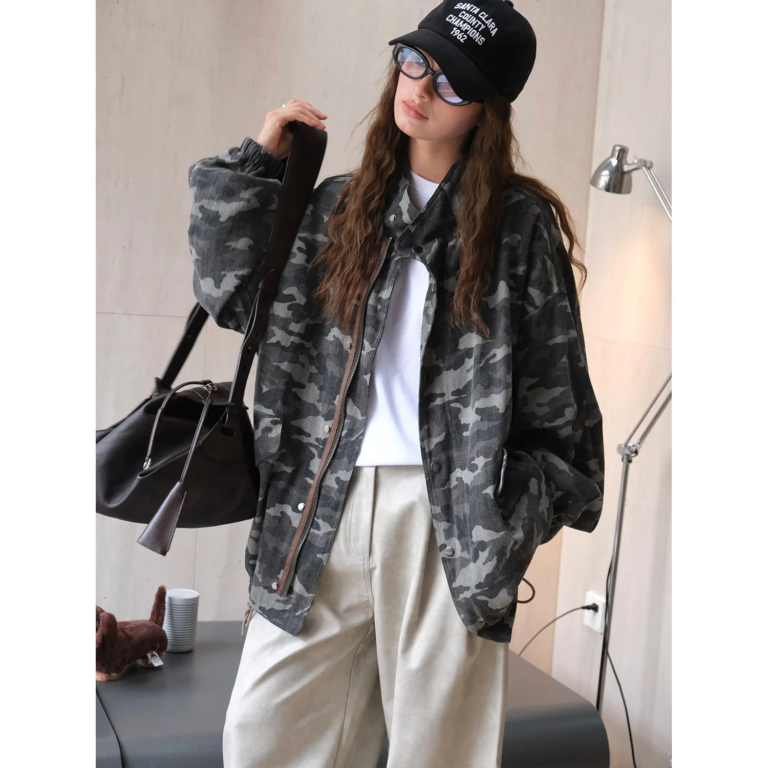 

Street Style Cargo Camouflage Jacket Stand Collar Loose Silhouette Outdoor Jacket for Women