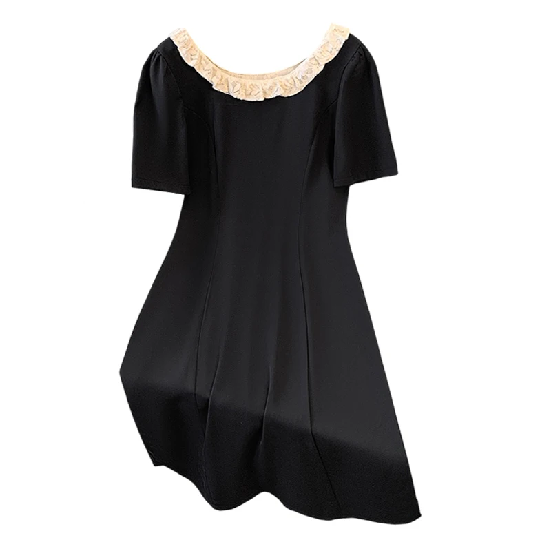 EHQAXIN-Vestido feminino com gola redonda e renda, pulôver de manga curta, linha A, retrô, elegante, M-3XL, moda verão, 2024