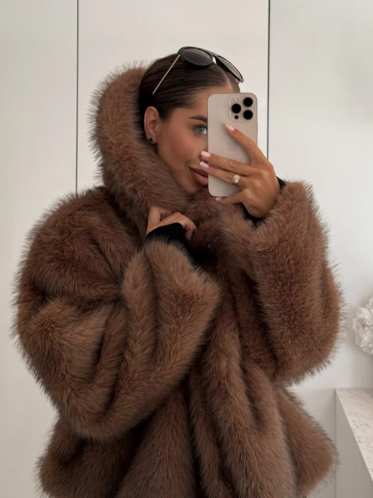 Women Winter Brown Thick Faux Fur Coat Casual Big Lapel Loose Full Sleeve Flurry Warm Jacket 2024 Lady Vintage High Streetwear