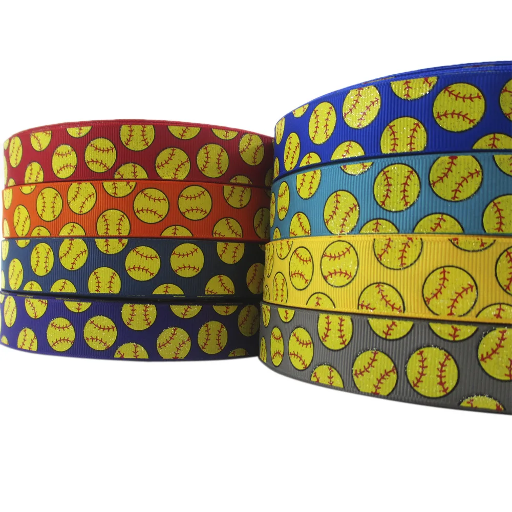 7/8 Inch 22mm Glitter Ink Softball Baseball Grosgrain Ribbon, Sport Themed DIY Tape for Gift Wrapping Hair Bow Crafts