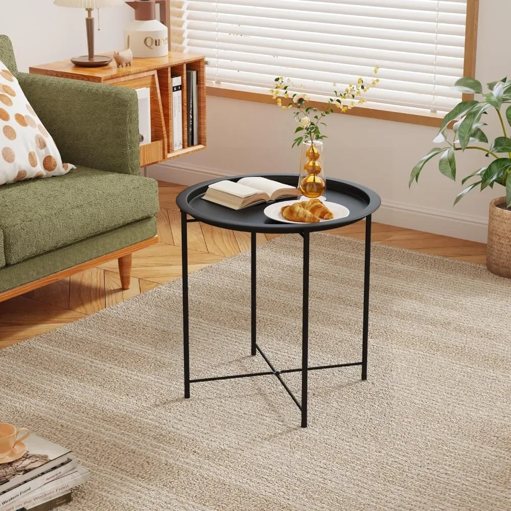 Small Round Side End Table Foldable Living Room Bedside End Table Modern Minimalist Side Table Round Tray Thin Leg Coffee Table