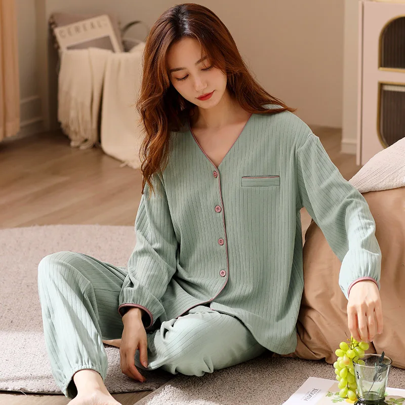 Spring Two Pieces Set Women Sleepwear Cotton Pajamas V-Neck Cardigan Nightwear Female Long Sleeve Pants Homewear Women Lingerie