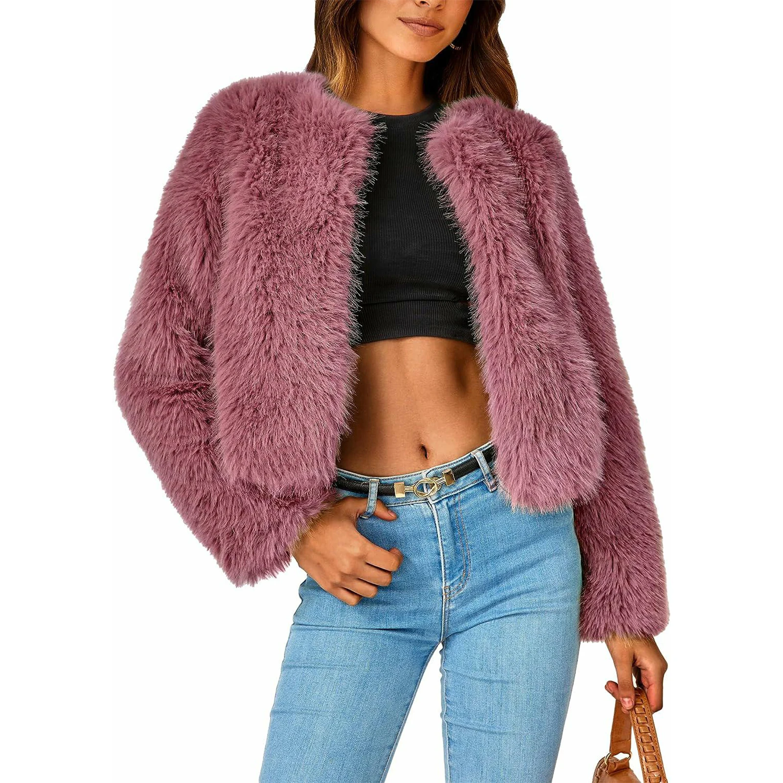 Women Winter Coats Fleece Cropped Faux Fur Jacket Solid Color Long Sleeve Shaggy Warm Outerwear Fall Clothes