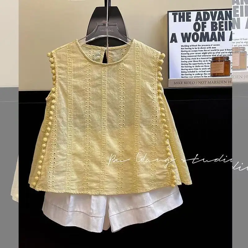 

Girls' Set Korean Version Summer New Children's Thin Cotton Sleeveless Vest Doll Top+shorts Two-piece Set Kids Outfits