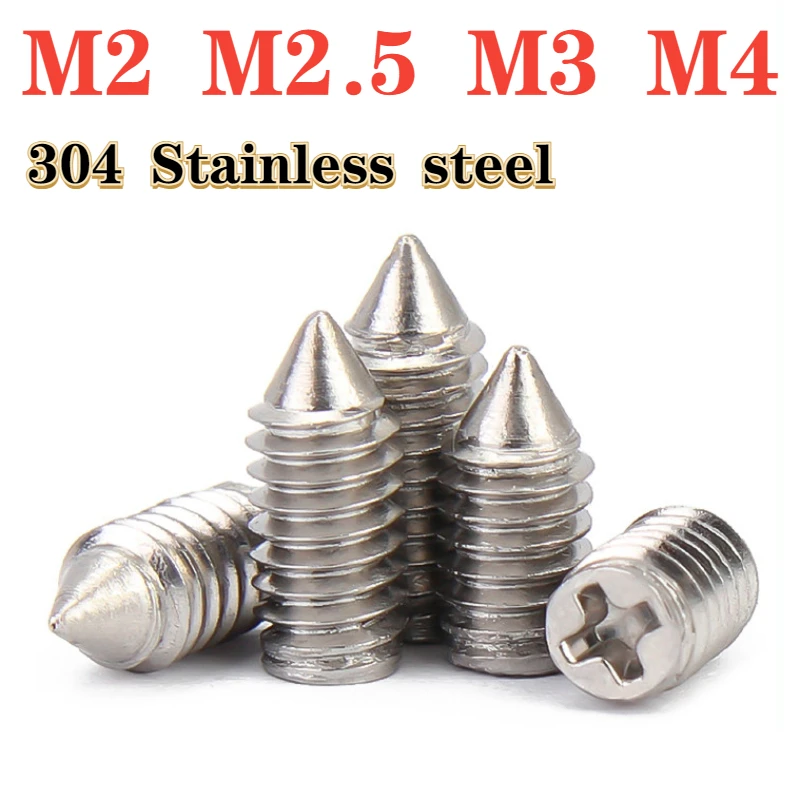 304 Stainless Steel Cross Groove Pointed Locking Machine Screw M2 M2.5 M3 M4 Cross Cone End Headless Bolt