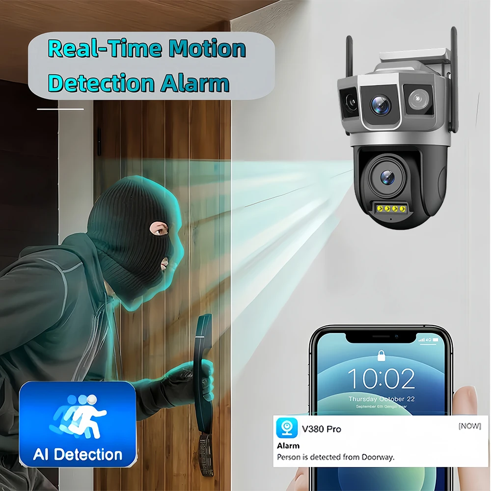 Home Security CCTV Monitor 6K 12MP IP Hemisphere Camera V380Pro Triple Screen WIFI/4G Full Color People Detection Camera IP image 4