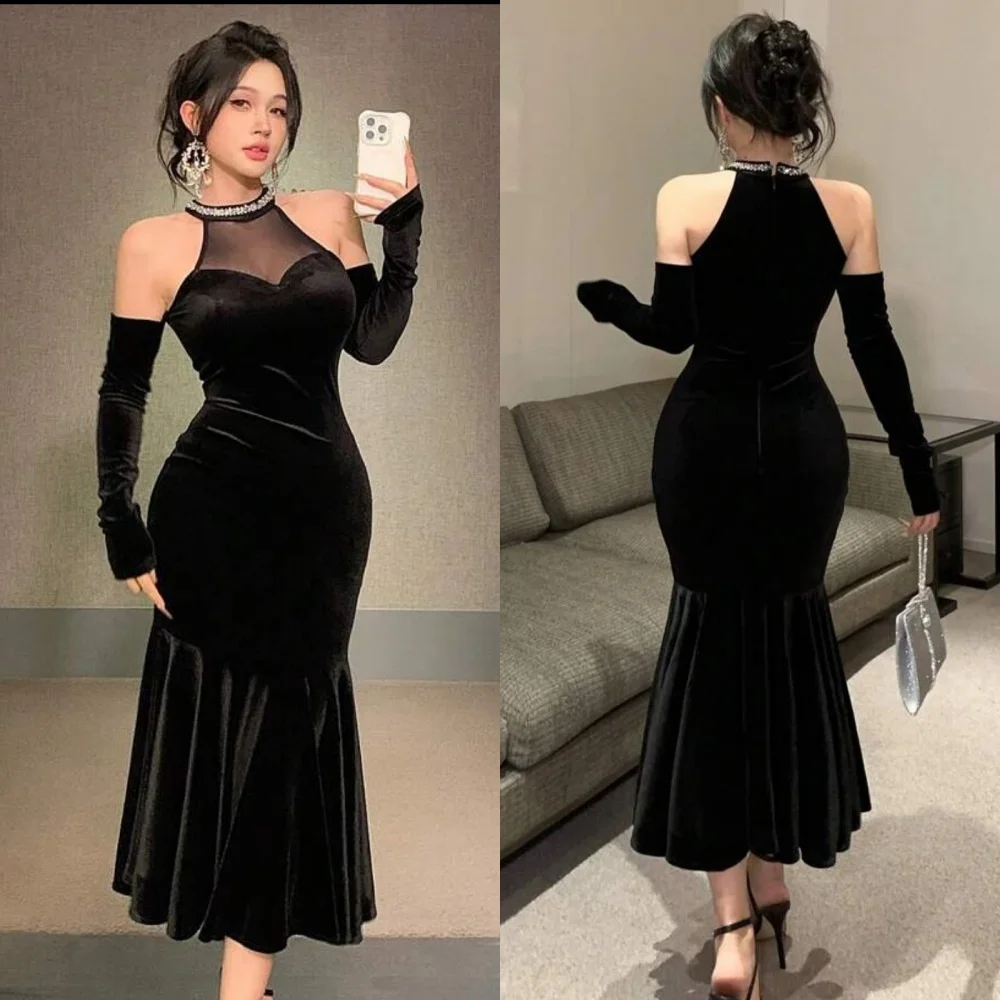 Abiti da cerimonia lunghi su misura con collo alto a sirena classica in velluto con strass di alta qualità personalizzati Abiti da cerimonia su misura Moda sexy