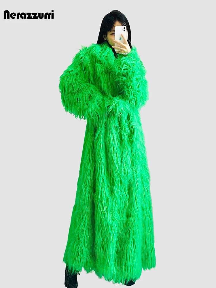 Nerazzurri Winter Long Oversized Bright Green Hairy Thick Warm Soft Faux Fur Coat Women Sashes Loose Casual Furry Overcoat 2023