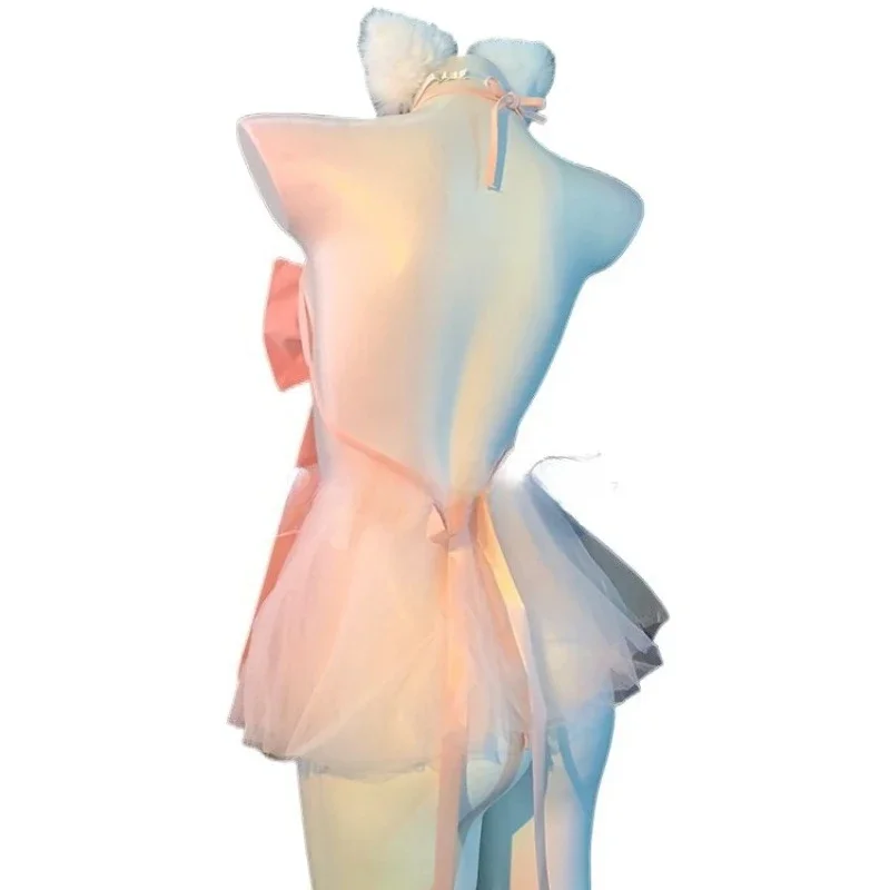 Anime Pink Cat Girl Ear Uniform Cosplay Costume Tulle See Through Backless Underwear Cute Role Play Outfits Lingerie Nightdress