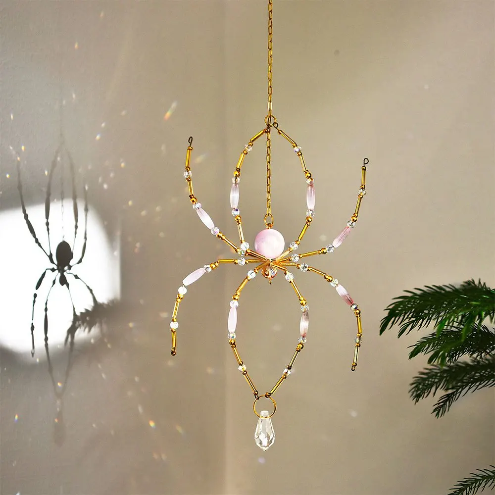 Crystal Pink Spider Suncatcher Pendant, Beaded Wire Spider Prism Light Catcher Hanging Decor for Window Wall Home Halloween
