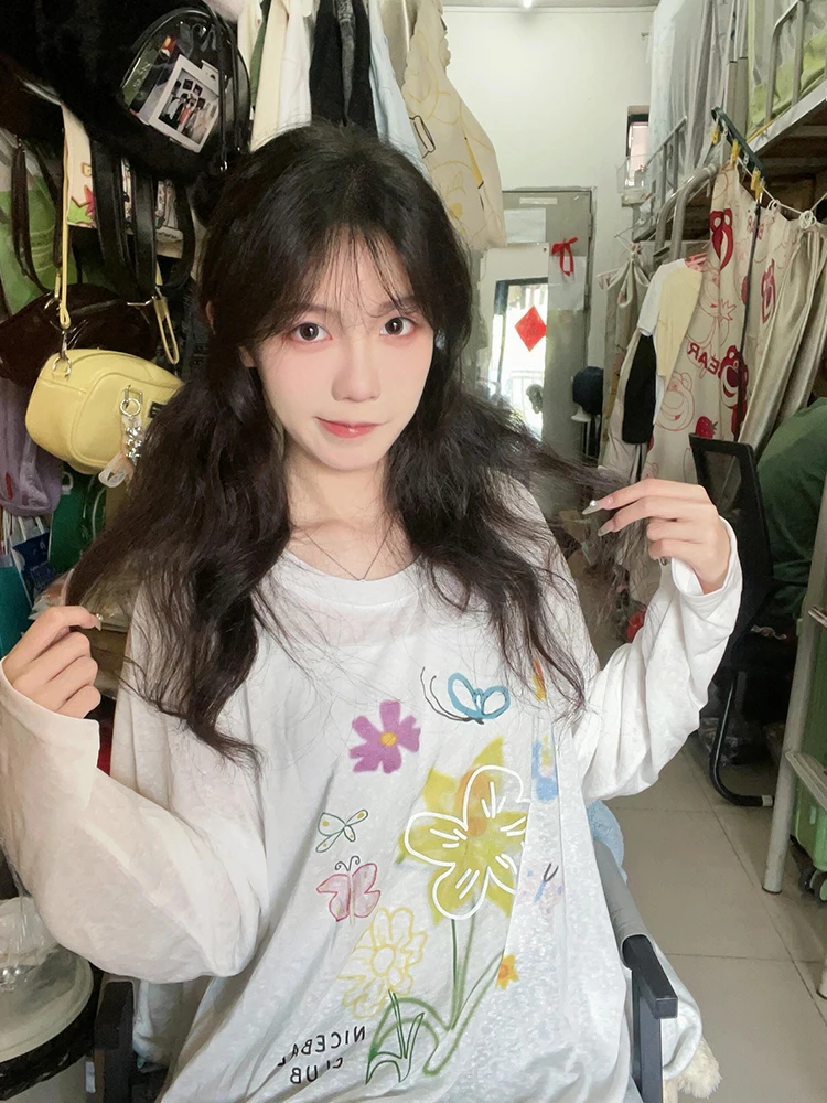 Korean Style Floral Print Loose Long Sleeve T-Shirt Women's Summer Slimming Base Layer Semi-Transparent Top Sun Protection