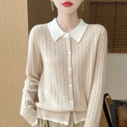 Autumn and winter new women's sweater 100% Merino wool lapel floral cardigan matching color fake two high-grade wind knit shirts