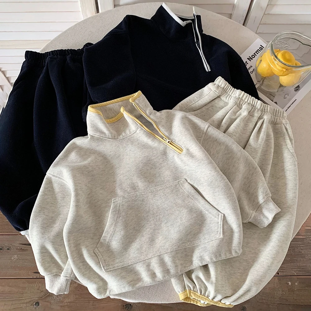 Children's Sweatshirt Clothes Sets Kids Contrast Color Stand Up Collar Hoodies+Pants 2Pcs Suit Girls Boys Casual Loose Tracksuit