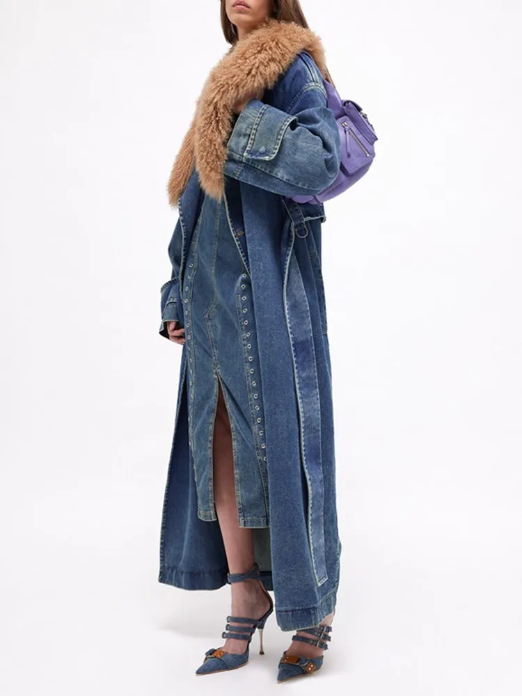 TWOTWINSTYLE Colorblock Patchwork Lace Up Denim Coat For Women Fur Collar Long Sleeve Loose Casual Trench Female Fashion Style