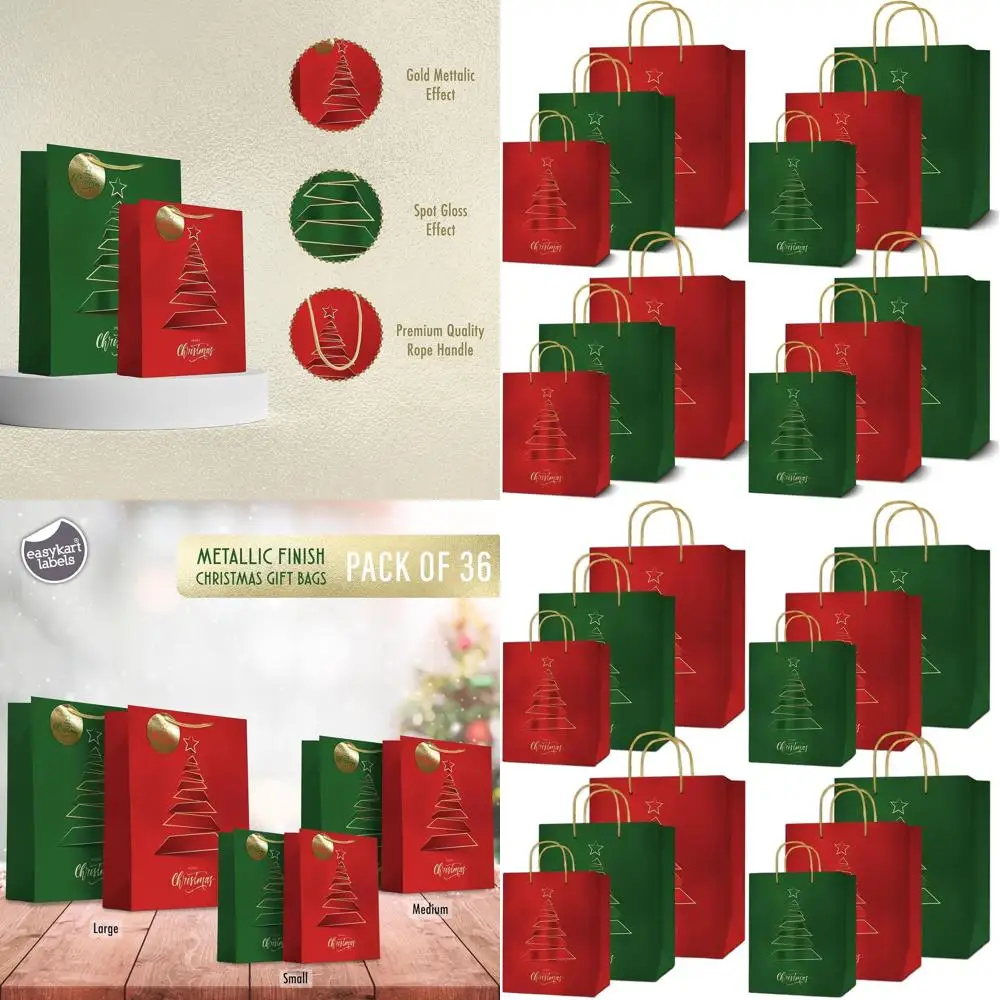 

36 Christmas Gift Bags, Assorted Sizes with Handle, Red & Green Metallic Finish, Gold Spot Gloss Xmas Tree Design