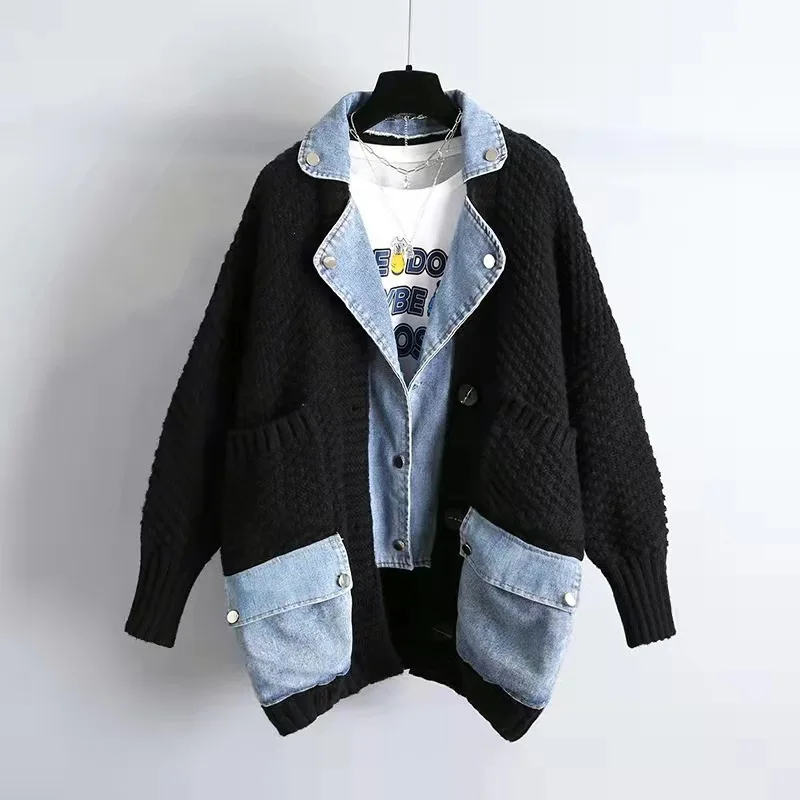 Fashion Stitching Denim Jacket Sweater Women\'s Loose Thickened Knitted Cardigan Top 2023 Spring New Female Clothing