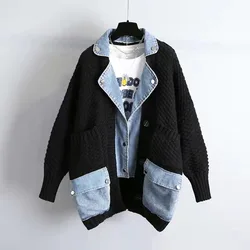 Fashion Stitching Denim Jacket Sweater Women's Loose Thickened Knitted Cardigan Top 2023 Spring New Female Clothing