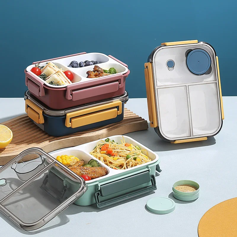 Lunch Box for Kids Plastic Portable Microwave Bento Box with Tableware Sauce Box Leakproof Food Storage Containers Compartment