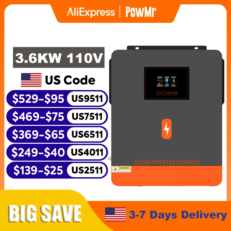 PowMr 3.6KW عاكس شمسي هجين 24 فولت 110 فولت خارج الشبكة عاكس موجة جيبية نقية مرحلة واحدة مع شاحن بطارية شمسية MPPT 120A