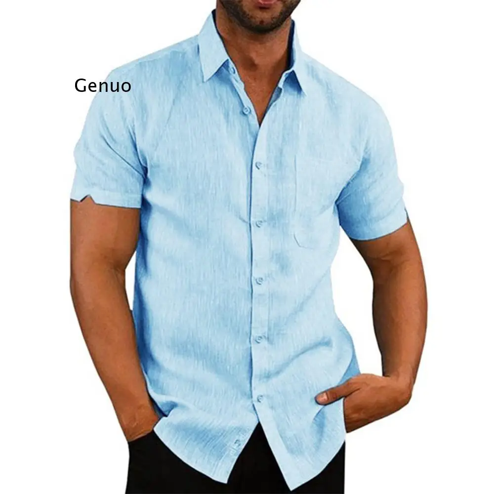 

100% Cotton Linen Hot Sale Men's Short-Sleeved Shirts Summer Solid Color Turn-down collar Casual Beach Style