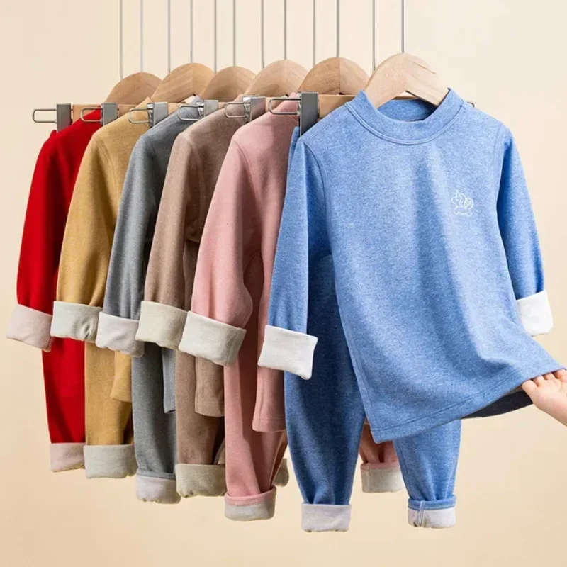 Children Thermal Underwear Woolen Silk Soft Cozy Two Pieces Teen Boys Girls Loungewear Thick Warm Breathable Kids Sleepwear Set
