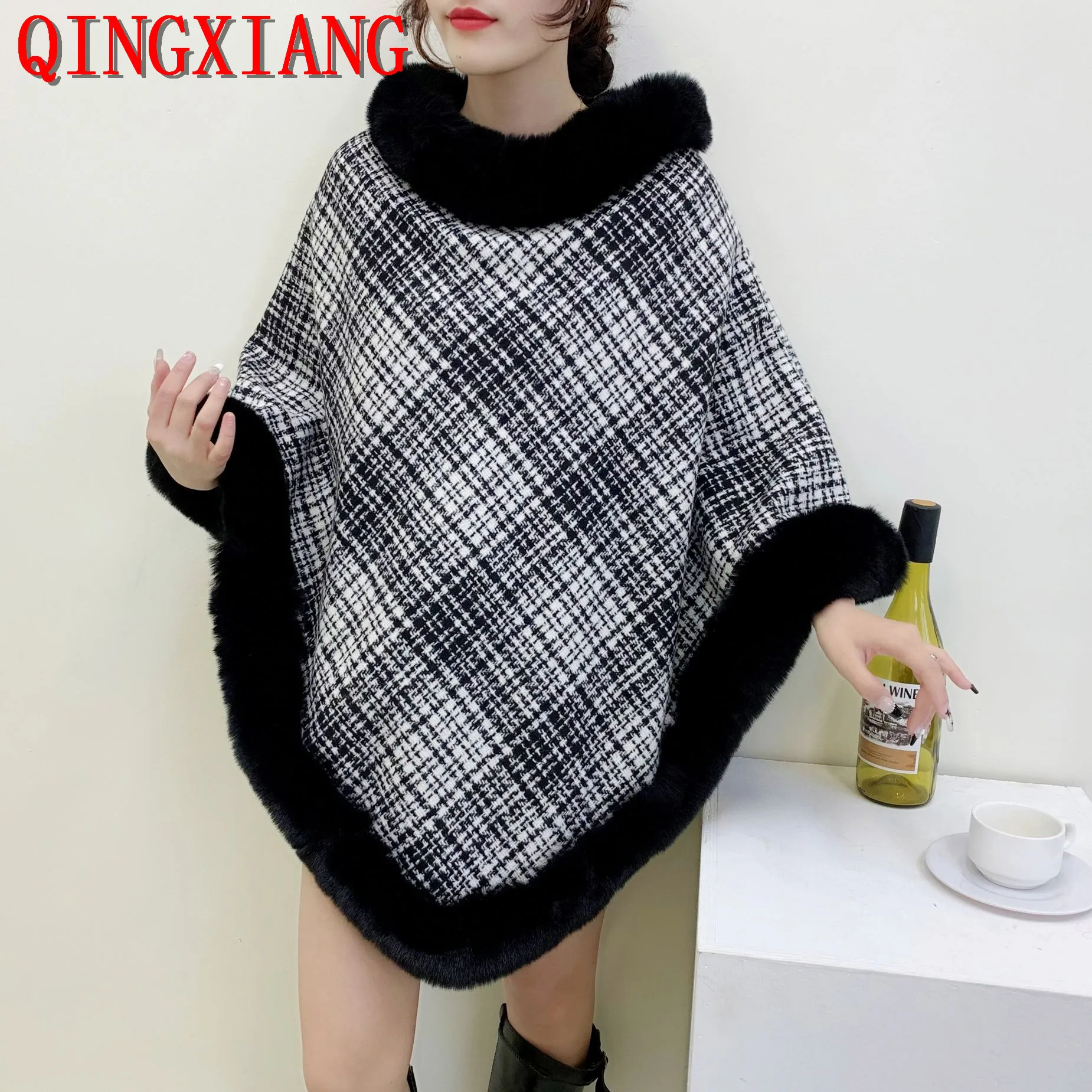 

6 Colors 2023 Winter Thick Lining Velvet Poncho Capes Striped Cloak Women Faux Rabbit Fur Long Triangle Pullover Shawl Coat