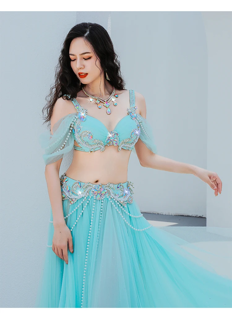 Elegant Popsong Women Egyptian Dance Competition Belly Dance Costume Oriental Dance Rhinestone Beaded Bra Belt Maxi Skirt