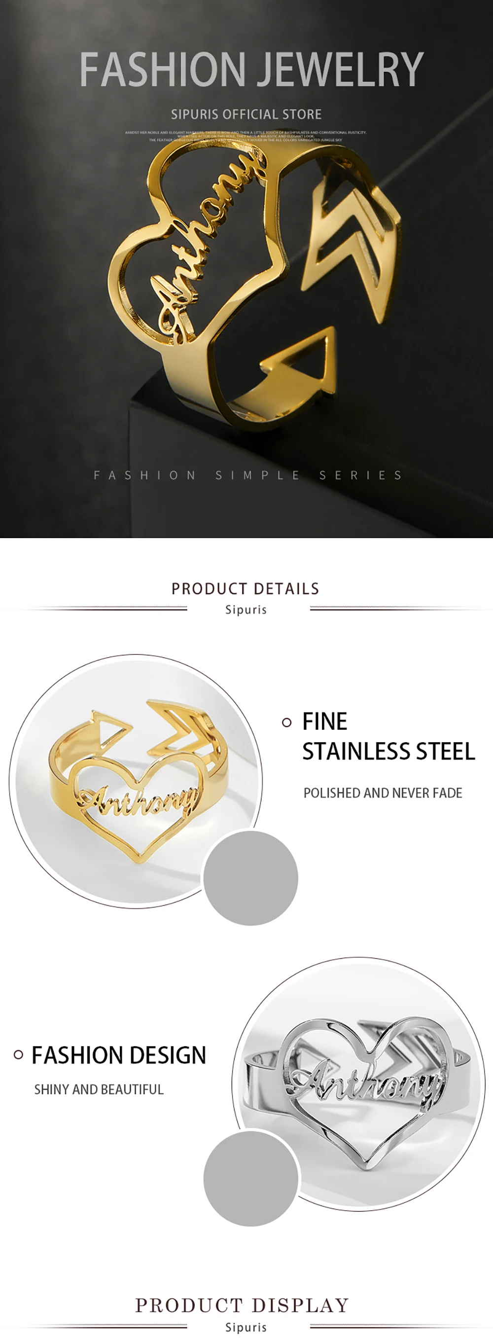 Sipuris Damenringe, Herzform, Edelstahl, personalisierbarer Namensring, trendige, verstellbare Öffnung, modischer Schmuck, Geschenke für Frauen 2024 – Detail 6