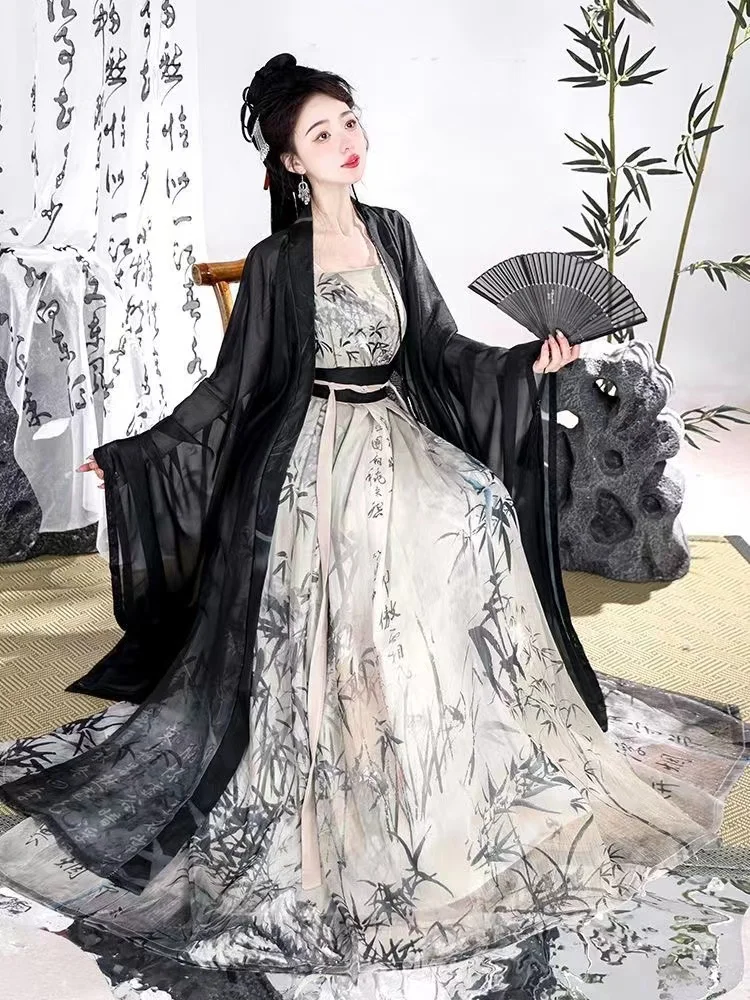 Women Song Dynasty Hanfu Ancient Chinese Black Large Sleeve Skirt Classic Han Elements Hanfu Dress Set Girls Cosplay Gift Summer