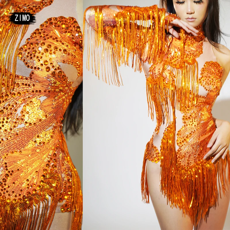 

Fashion Sequin Fringe Rhinestones Single Sleeves Bodysuit Adult Women Show Leotard Birthday Party Stage Dance Drag Queen Outfits
