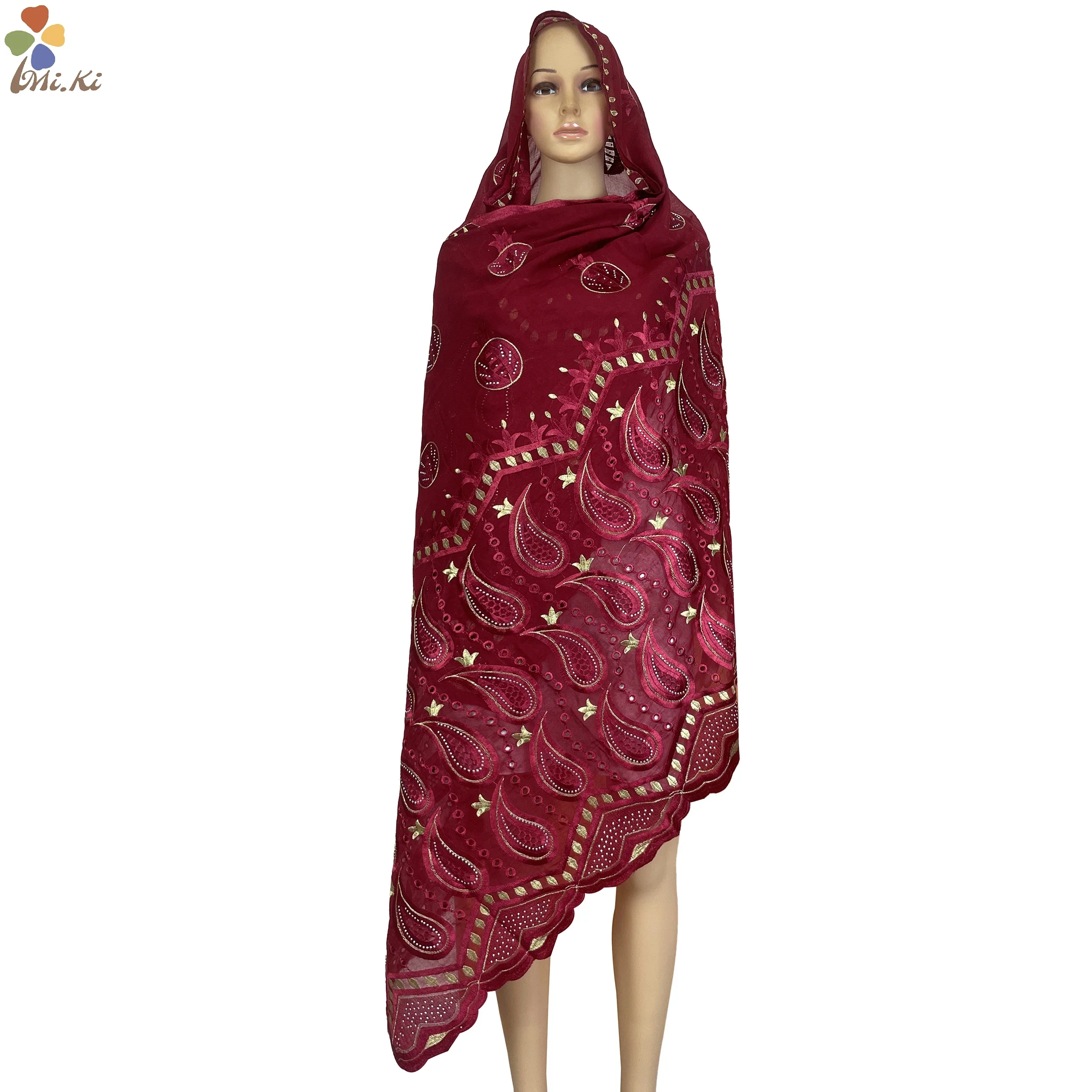 

Latest High Quality African Women Scarf Cotton Embroidery Paired with Grenadine Large Size Scarf Muslim Women Shawl Pashmina