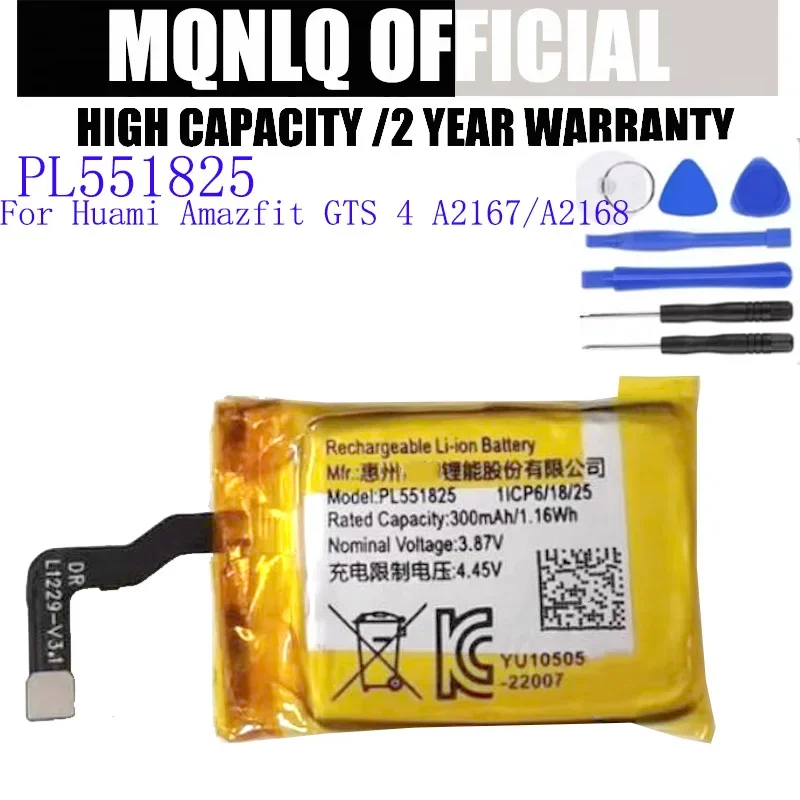 PL551825 New Battery 300mAh For Huami Amazfit GTS 4 Watch Battery A2167/A2168 EVE PL551825 + Tools