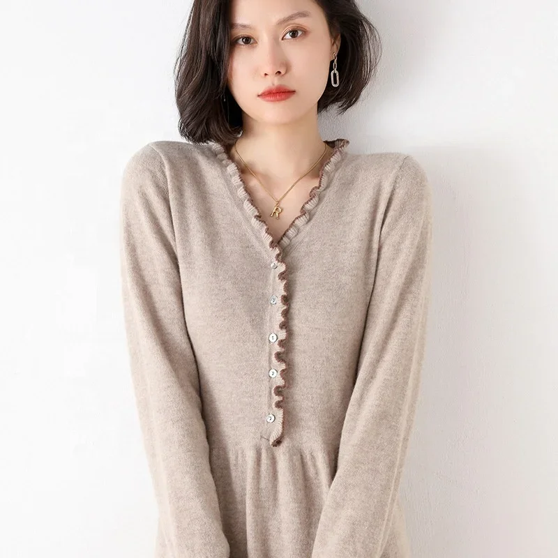 2023 Autumn And Winter New Wooden Ear Sweater Female Dress Loose V-Neck Mid-Length Woolen Women