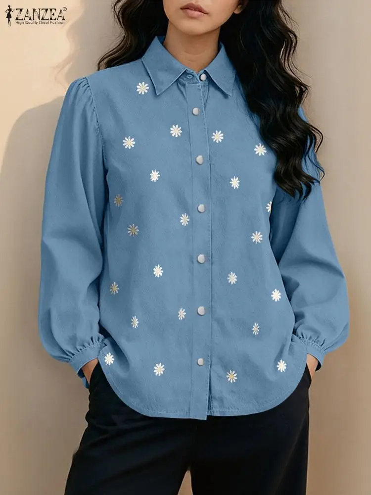 ZANZEA-camisas de moda de otoño para mujer, blusa con estampado Floral de manga larga, Tops informales con botones, camisa de trabajo elegante de primavera de gran tamaño 2026