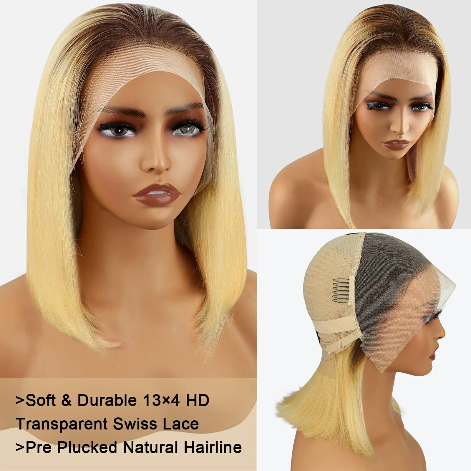 

Short Bob Straight Wig Human Hair Wig Brown Roots To Blonde T4/613 Lace Front Wig 13x4 Lace Frontal Human Hair Wig For Women