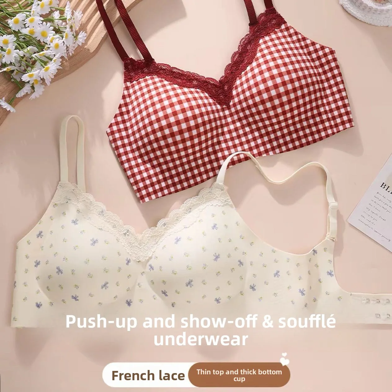 Soutien-gorge sans fil en dentelle florale style français pour femme, push-up sans couture pour petite poitrine, une pièce fixe, dos nu, lingerie confortable