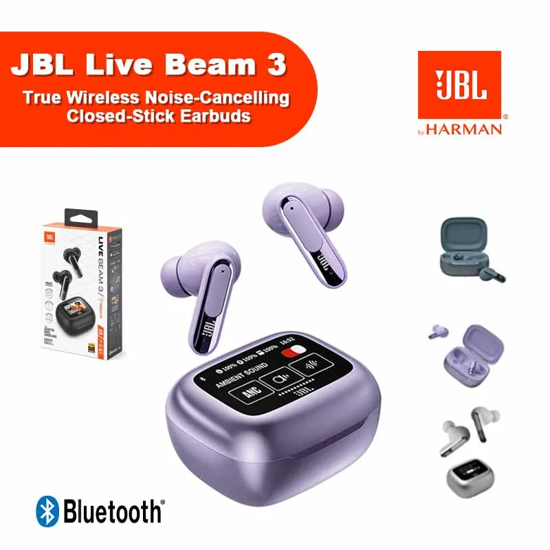 الإصدار الرسمي الأصلي من HK JBL Live Beam 3 سماعات أذن لاسلكية حقيقية شاشة LED تعمل باللمس سماعات أذن مزودة بتقنية البلوتوث مع ميكروفون
