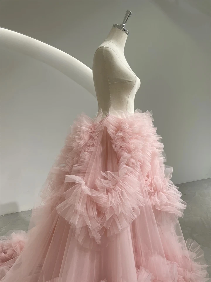 Romantic Pink Ruffles Tulle Wedding Skirt Elastic Fluffy Layered Mesh Bridal Photoshoot Skirts Customized Puffy Tutu Party Skirt