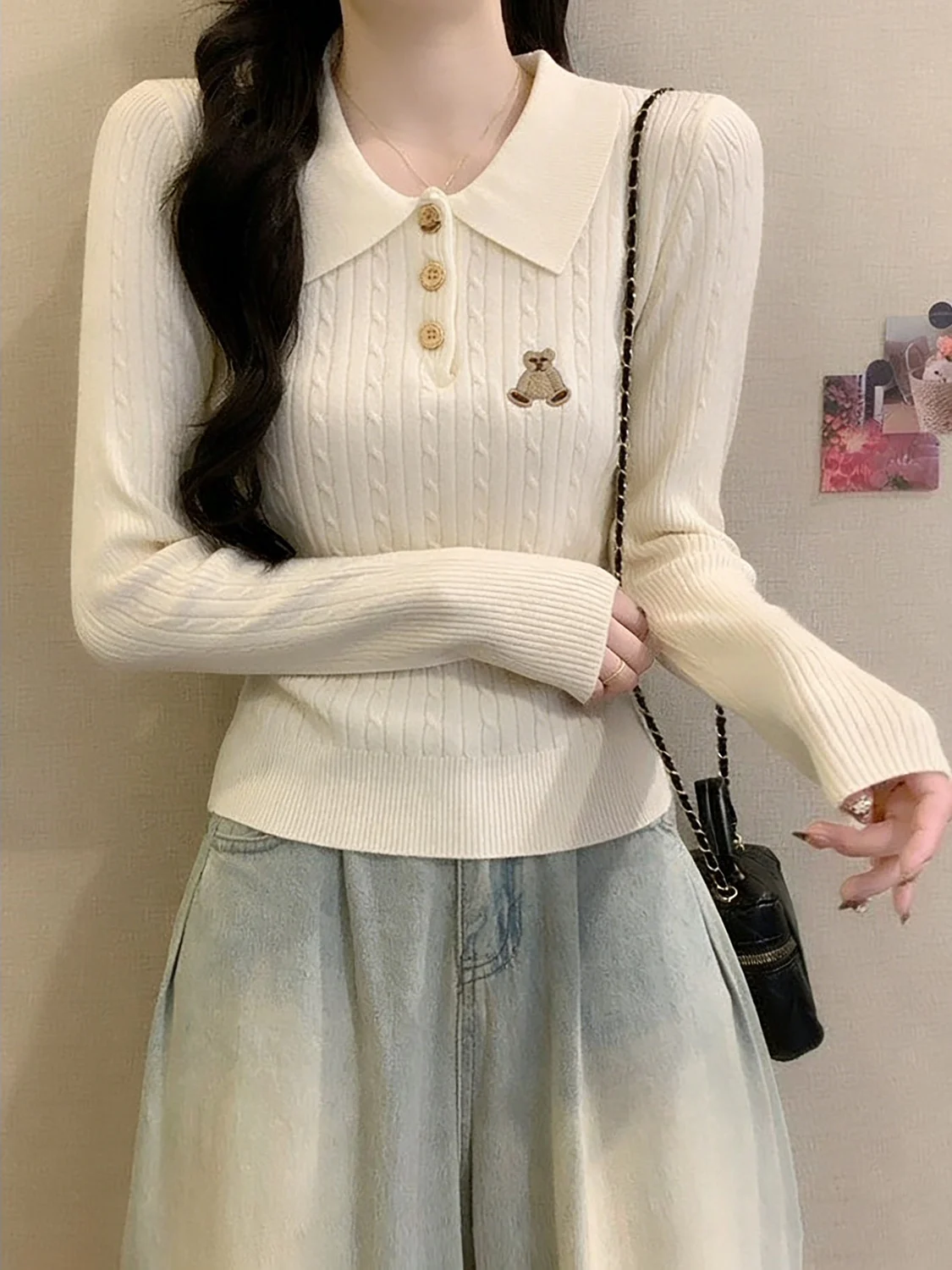 

Loose Fit Knitted Sweater Korean Sle Embroidered Bear Collar Khaki Long Sve Warm Top for Women Spring Commute Wear
