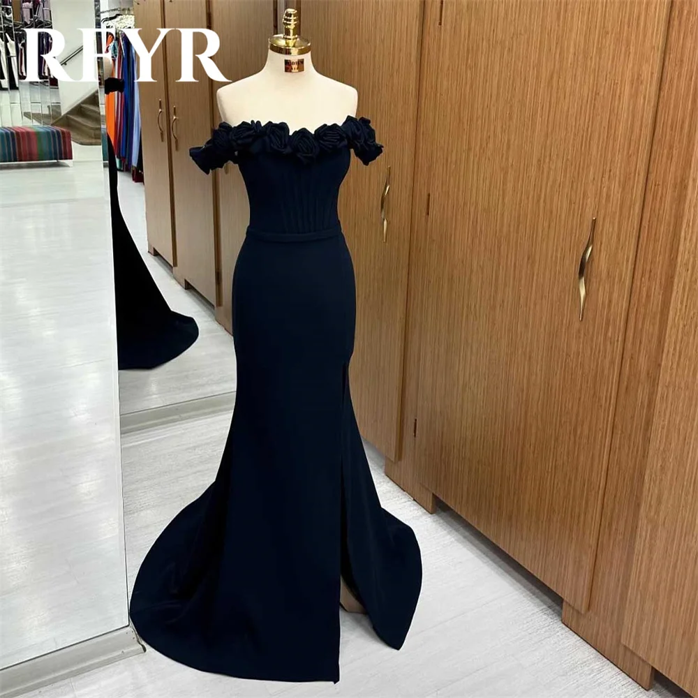 

RFYR Black Prom Dress Strapless Trumpet Evening Dresses Luxury Off The Shoulder Party Dresses with Pleats Satin Robe De Soirée