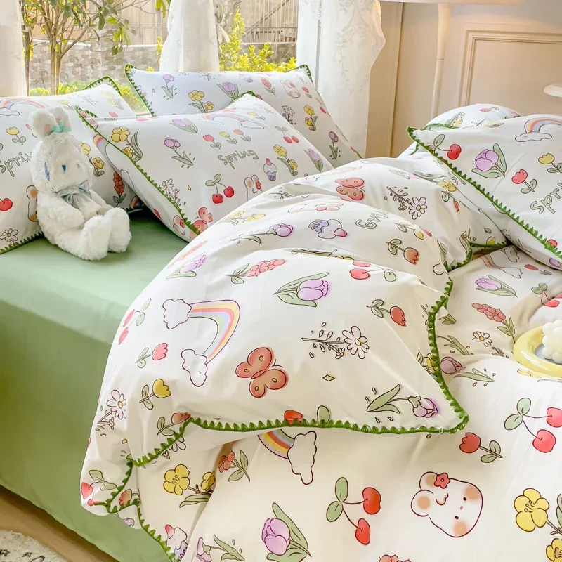 Pastoral Girls Flower Bedding Sets, Washed Cotton Bed Linens, Soft Quilt Cover Sheet Set, Simple Bedspread, Home Textiles