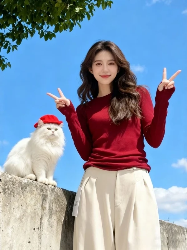 

plus Size Red round Ne Long Sve T-irt Women's Base irt Slim Fit Inner Wear Spring 2026 Commute Sle Creative Pattern