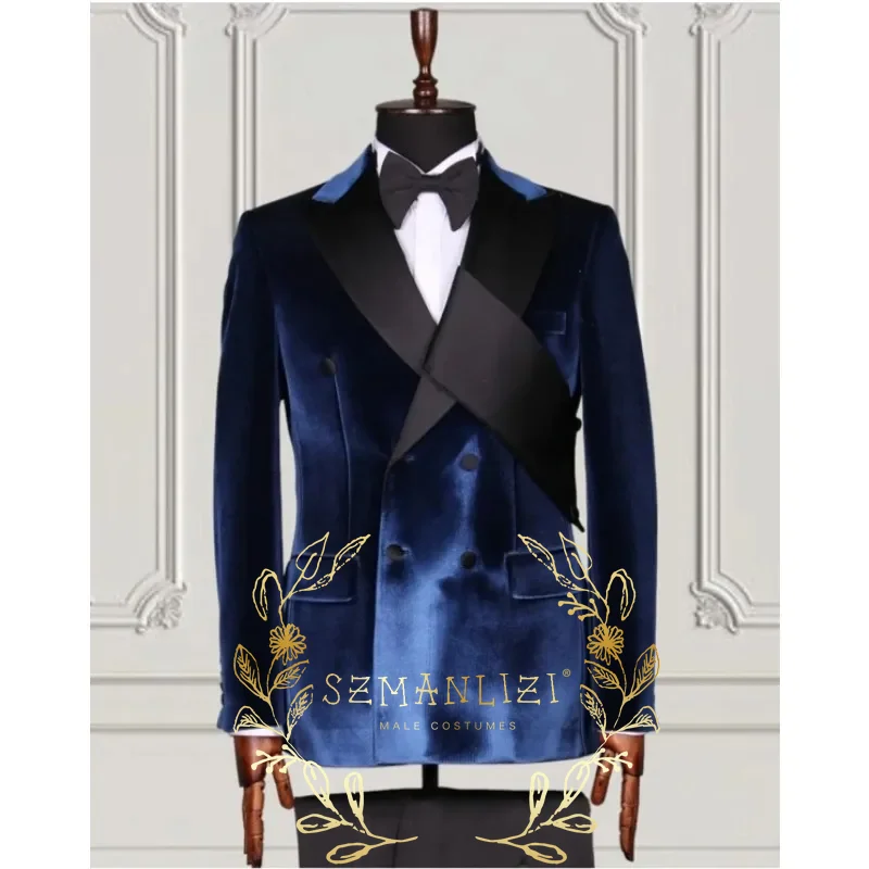 

2 Pcs Suits Set Navy Blue Velvet Double Breasted Blazers Pants 2024 Fashion Men Wedding Party Slim Dress Formal Groom Tuxedos