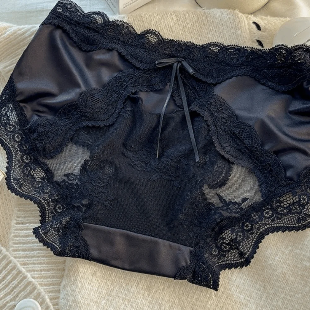 French style Mid Waist Lace Satin Panties Sweet Invisible Bow Briefs Patchwork Mesh Underwear for Women Women