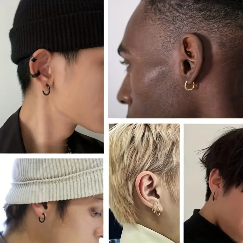 5 Pcs Men\'s Simple Stainless Steel Hoop Earrings, Unisex Earrings, Cartilage Piercings Jewelry